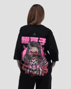 Футболка Незуко / Nezuko / черная с розовым женская, цвет черный с розовым, размер 50