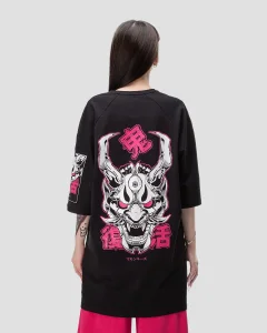 Футболка Они / Oni / черная с розовым женская, цвет черный с розовым, размер 46